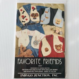 Indygo Junction FAVORITE FRIENDS Children's Animal Vest Sewing Pattern 1998